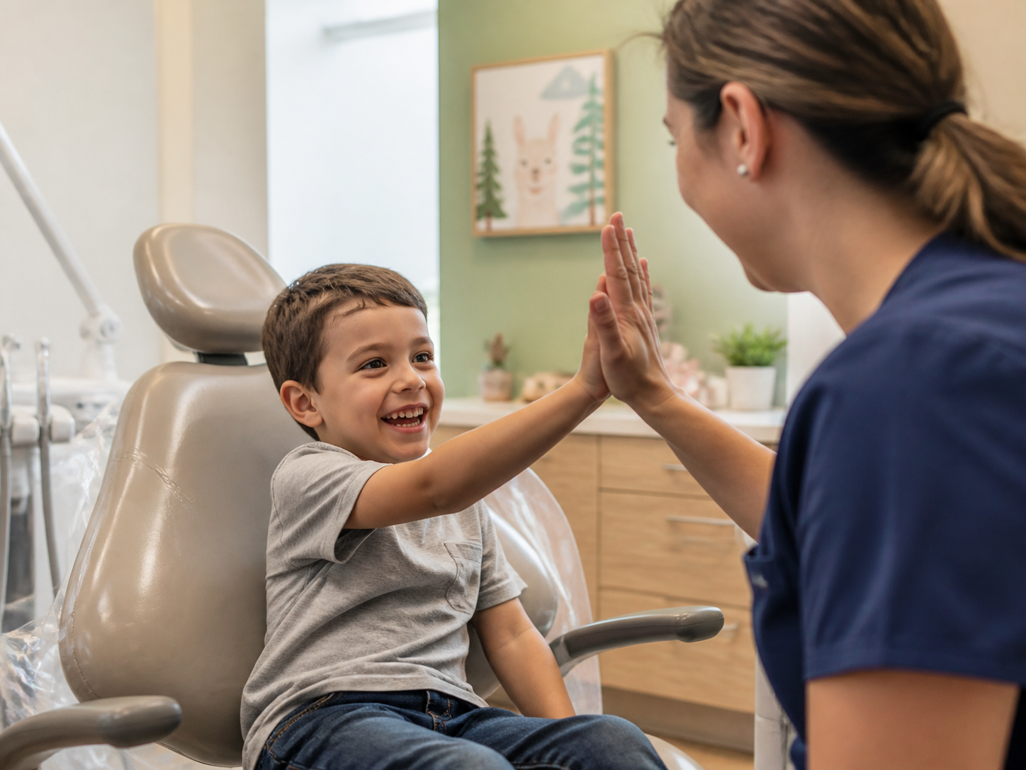 A laughing seven-year-old in a dental chair giving a high-five to a warm, friendly dental assistant, colorful but tasteful pediatric corner in the background