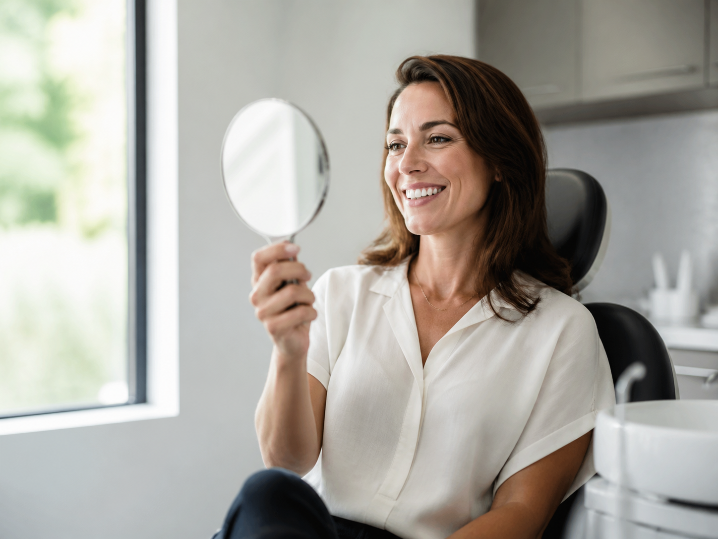 A woman seated in a modern dental consultation room admiring her smile in a small hand mirror, softly delighted