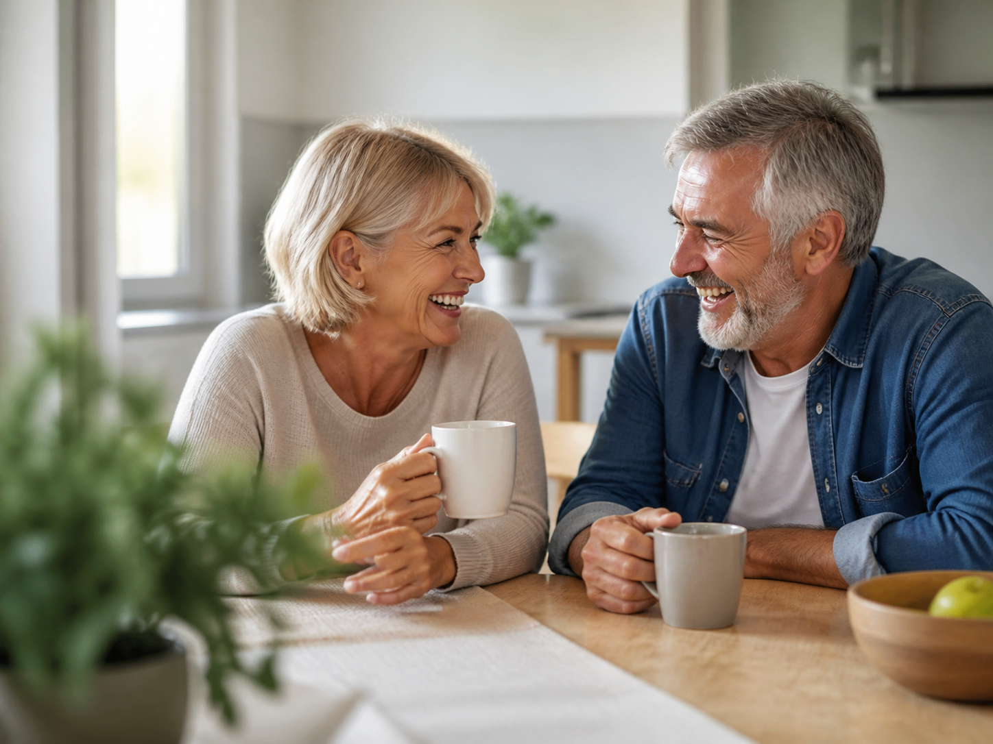 A joyful senior couple laughing together over coffee at a sunlit kitchen table, natural and unposed