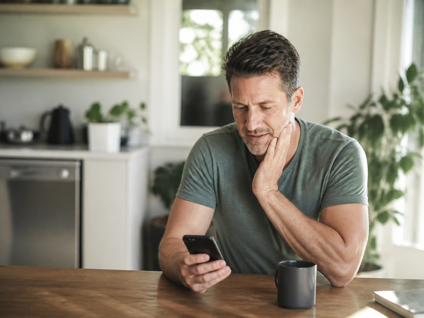 A man in his forties at his kitchen table in morning light, gently holding his jaw with one hand and his phone in the other, about to make a call