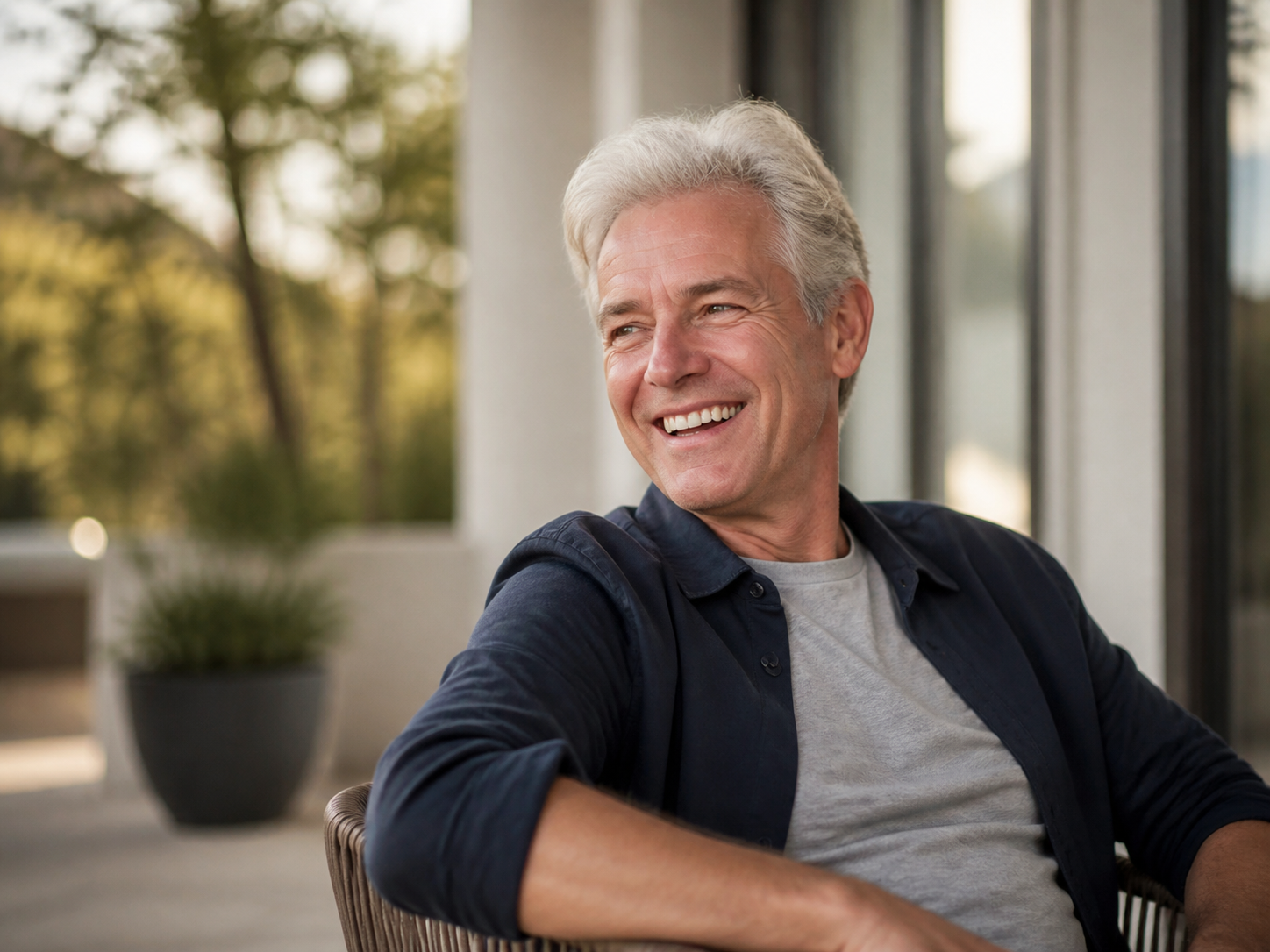 A confident silver-haired man in his sixties laughing outdoors in soft golden-hour light, natural full smile at conversational distance
