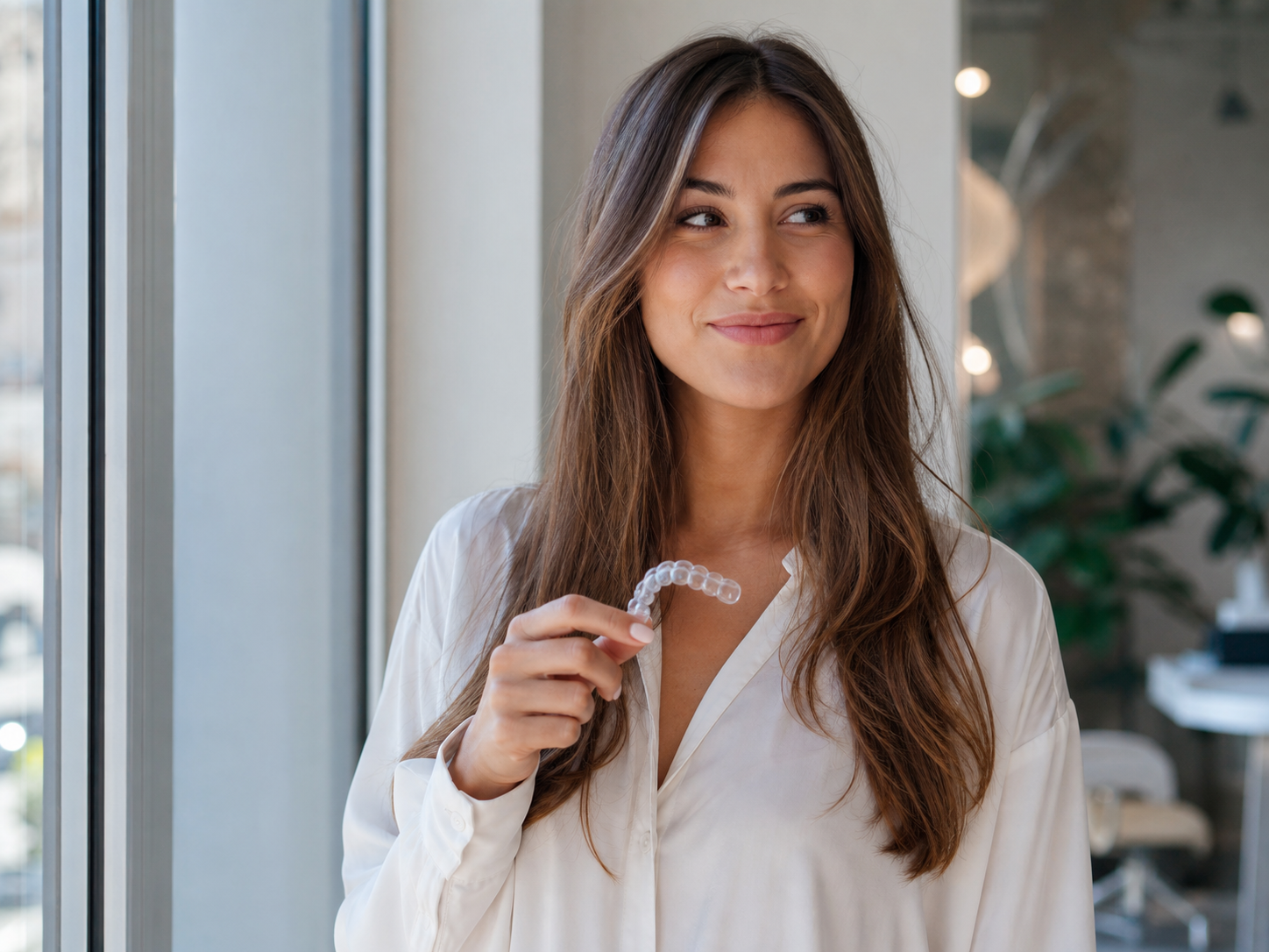 A young professional woman by an office window holding a clear aligner tray at chest, subtle knowing smile