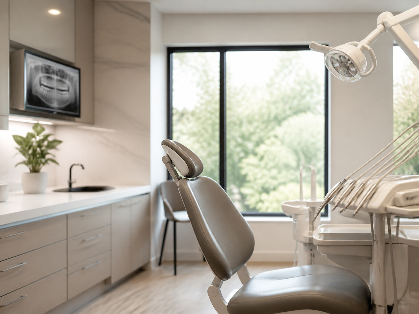A calm, immaculate modern dental operatory with advanced imaging equipment, softly lit, no people, ready for a patient