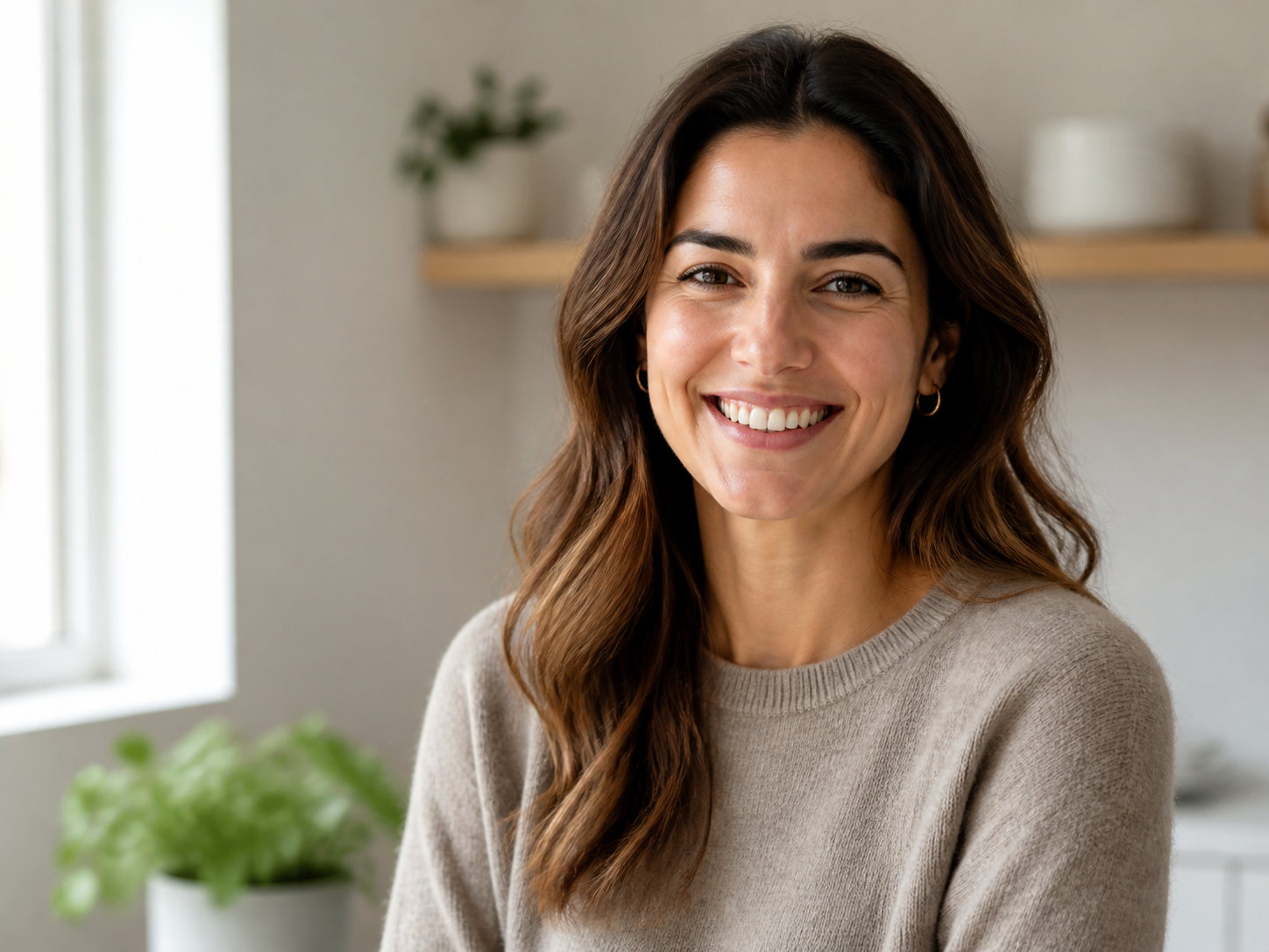 A woman with a naturally bright, healthy smile in soft daylight against a clean warm-toned background, shoulders-up portrait
