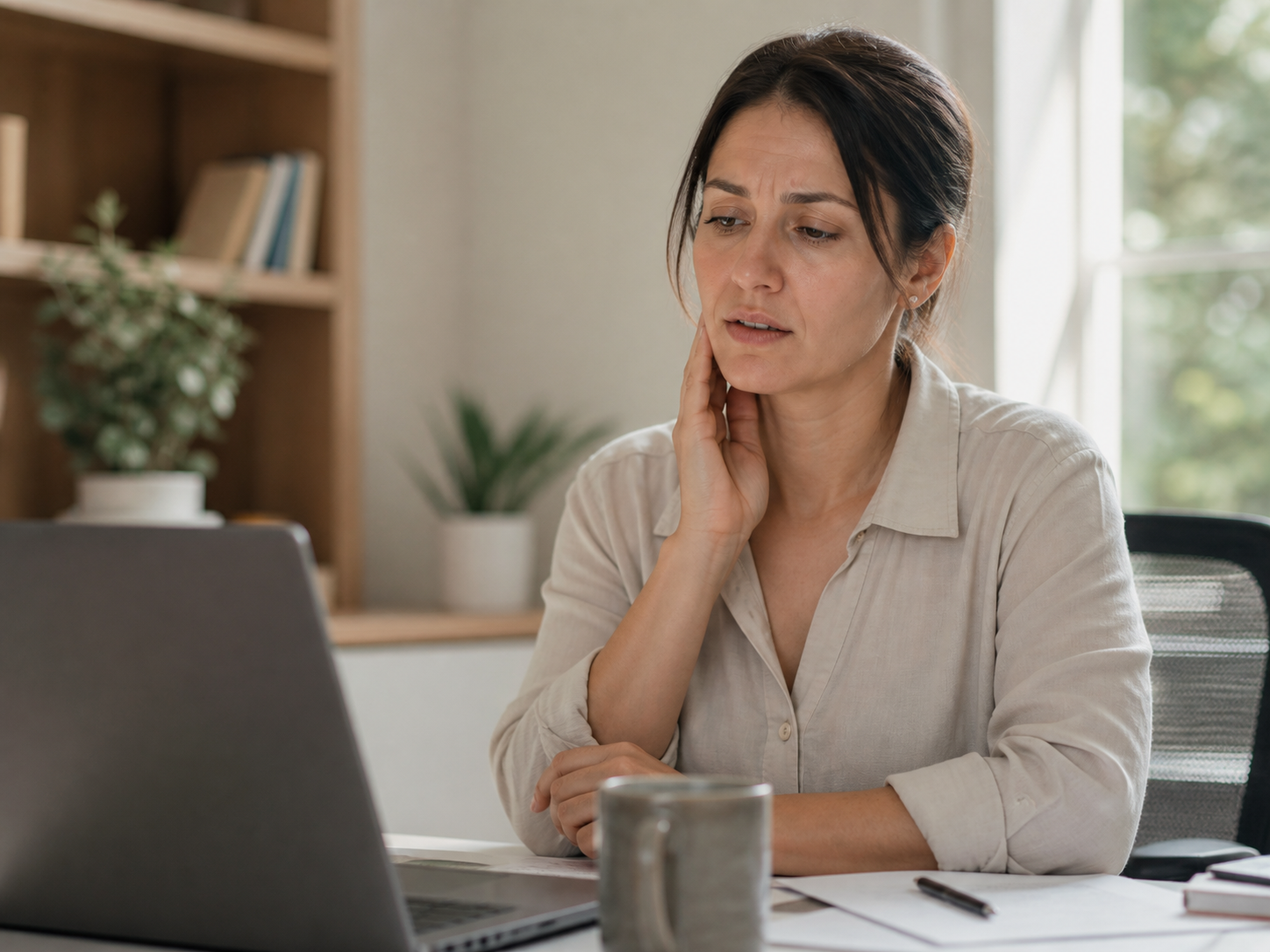 A woman at a home office desk pausing to gently massage her jaw, tired but hopeful expression, soft afternoon light